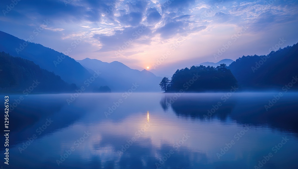 Fototapeta premium A serene lake at dawn with the sun rising over misty mountains, casting soft light on the calm waters and surrounding nature. The sky is painted in hues of blue and purple as clouds