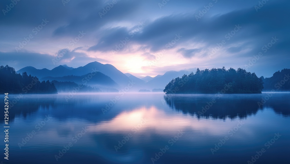 Fototapeta premium A serene lake at dawn with the sun rising over misty mountains, casting soft light on the calm waters and surrounding nature. The sky is painted in hues of blue and purple as clouds