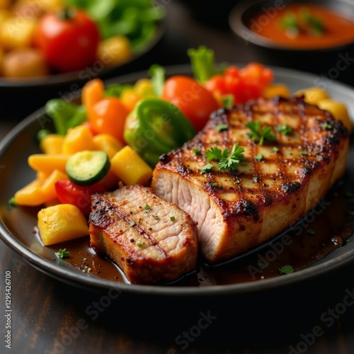 Perfectly seared pork, accompanied by colorful grilled vegetables and assorted sides , restaurant, dinner, appetizer