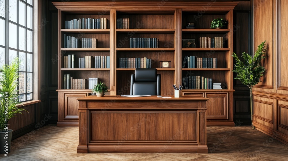 Fototapeta premium Elegant home office features wooden bookshelves desk and leather chair