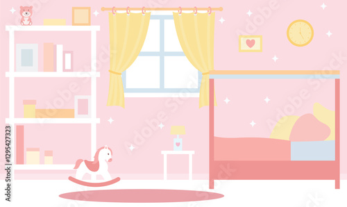 Flat Design Illustration of Cute Pink Bedroom Landscape for Kid Little Girl with Girly Decoration