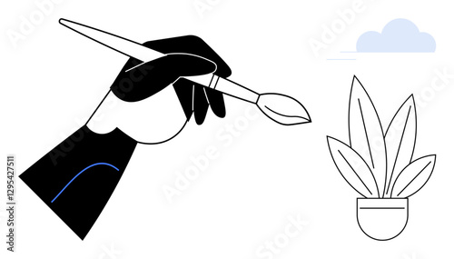 Hand with a paintbrush sketching a potted plant, with minimalistic lines and a cloud. Ideal for creativity, artistry, design, nature, innovation, simplicity education. Abstract line flat metaphor