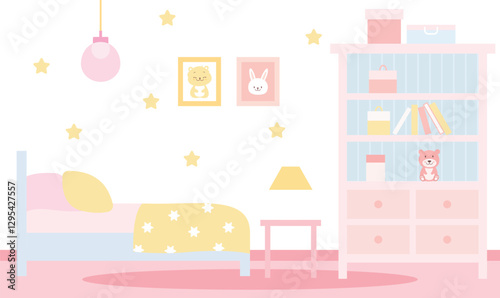 Flat Design Illustration of Cute Pink Bedroom Landscape for Kid Little Girl with Girly Decoration