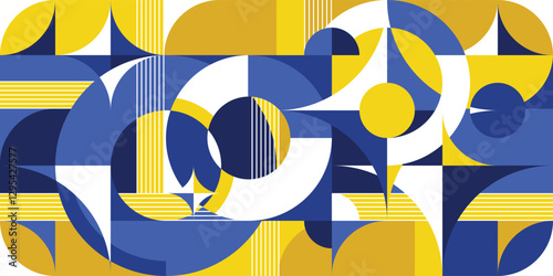 Graphic composition with simple overlaps geometric shapes pattern, circles and stars, abstract banner. Print a sample. Vector blue yellow bright colors background