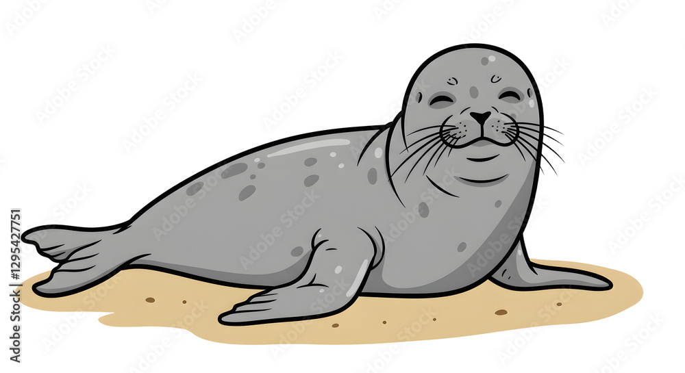 Obraz premium Resting grey seal cartoon illustration lying down on light sand