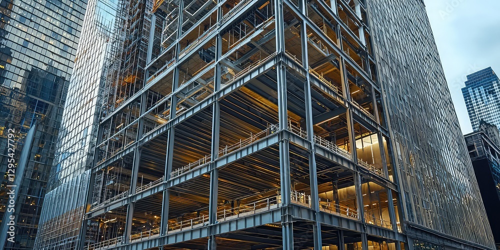 Fototapeta premium The skeleton of a new skyscraper with exposed beams and columns waiting to be completed.
