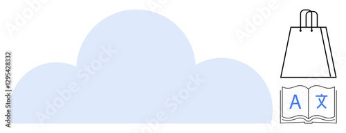 Blue cloud shape, shopping bag, language book open with letters. Ideal for online storage, digital education, multilingual communication, e-commerce, cloud services, language learning global