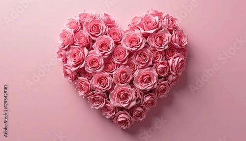 Heart Shape Composed of Pink Roses on a Soft Light Pink Background, Representing Love and Romantic Elegance
