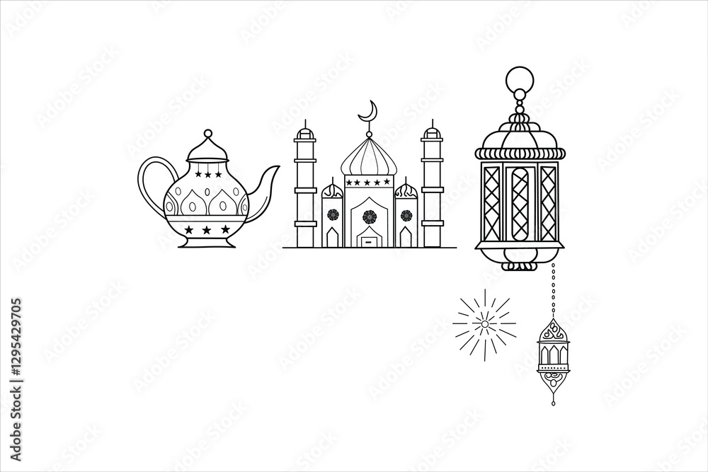 Fototapeta premium traditional islamic lamp arabic lantern outline drawing isolated on white background ornate moroccan lamp vintage style digital artwork