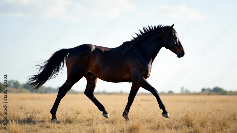 A black mustang horse trots gracefully across a dry, grassy field under a clear sky. A black mustang horse trots gracefully across a dry, grassy field under a clear sky.