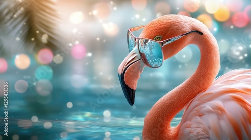 Stylish flamingo with sunglasses in vibrant tropical setting photo