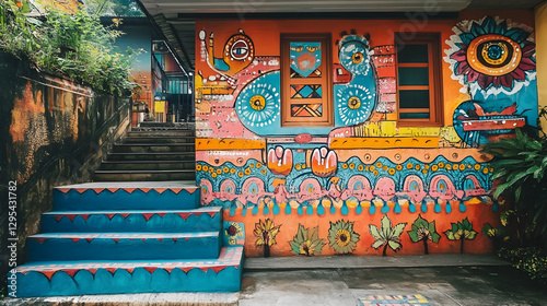 Thai street art mural, featuring a blend of modern and traditional artistic elements in a vibrant city setting 