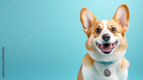 Happy corgi dog smiling on blue background with collar and tag
