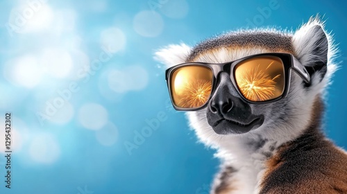 Lemur wearing sunglasses with fireworks reflection against blue bokeh background. Independence Day, Fourth of July, July 4th - American Freedom Celebration, US National Holiday USA