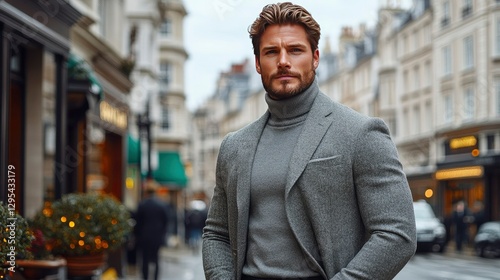 Stylish Man in Grey Suit and Turtleneck on City Street