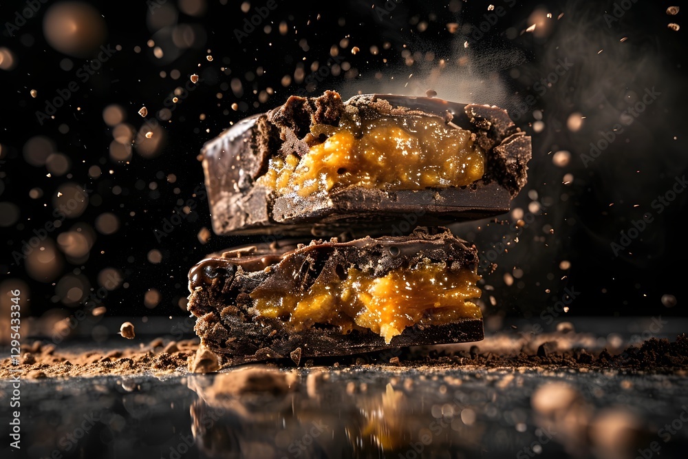 Gourmet Whey Protein Chocolate Bar with Decadent Gooey Filling on Dark Background Gourmet Whey Protein Chocolate Bar with Decadent Gooey Filling on Dark Background