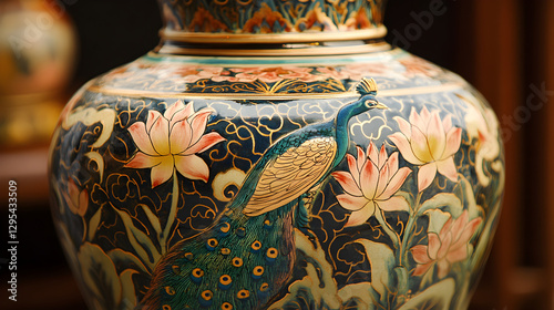 Thai ceramic vase decorated with intricate, hand-painted designs of lotus flowers and peacocks 