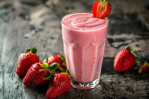 Strawberry Whey Protein Smoothie in Tall Glass with Fresh Berries