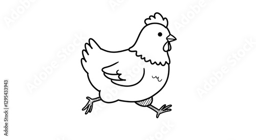 Chicken Running Cartoon Illustration in Black and White for Farm Themes