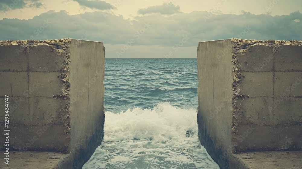 Ocean Waves Crashing Through Concrete Blocks Coastal Seascape Ocean Waves Crashing Through Concrete Blocks Coastal Seascape