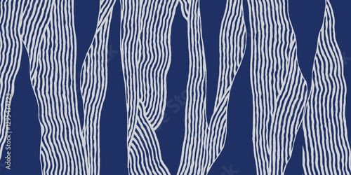 Crafted hand drawn brush line abstract stripe pattern, Japanese and ethnic folk wood carving, engraving, weaving textured surface background on indigo blue, simple graphic for textile, decoration