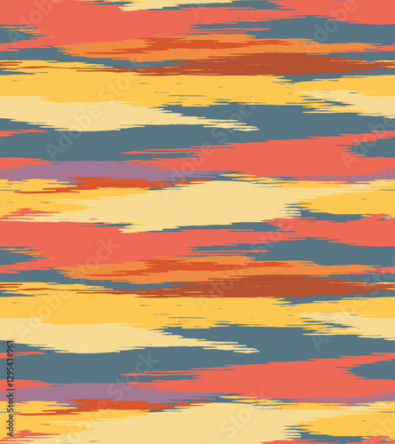 Seamless, hand drawn brush line colorful sunset sky and camouflage abstract pattern, Japanese, ethnic folk wood carving, engraving, weaving textured surface background, simple graphic for textile