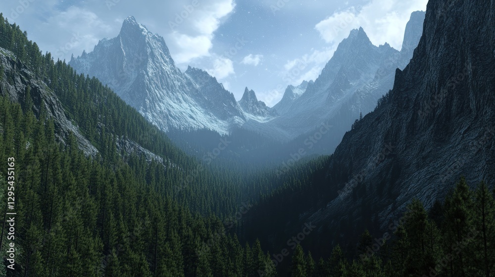 Obraz premium Majestic snow covered mountains tower over a lush evergreen forest