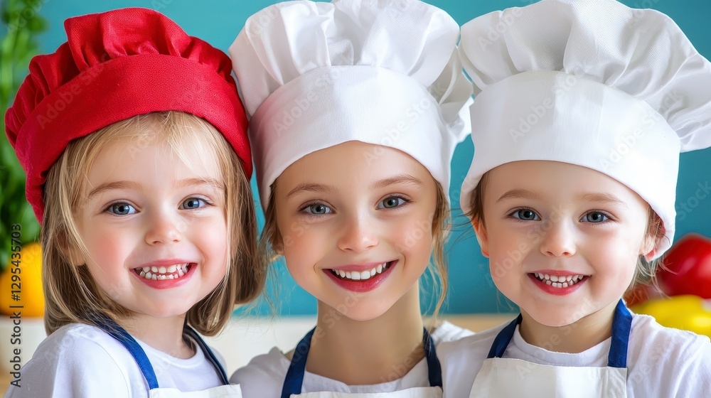 Three Happy Girls in Chef Hats and Aprons Three Happy Girls in Chef Hats and Aprons