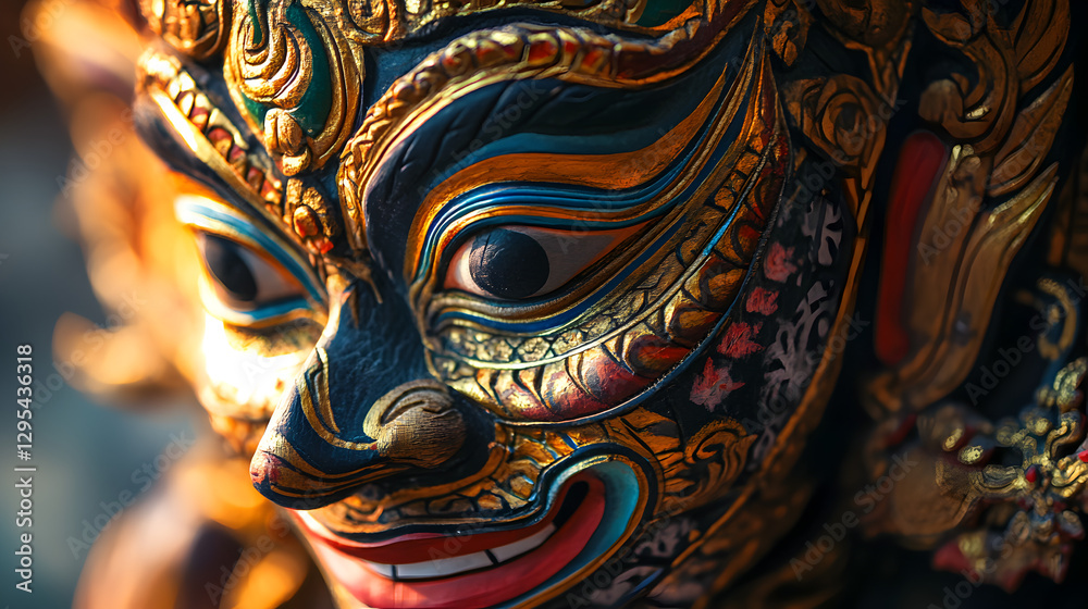 Fototapeta premium of a Thai brass bell with intricate designs of lotus flowers and mythical creatures etched into the surface 