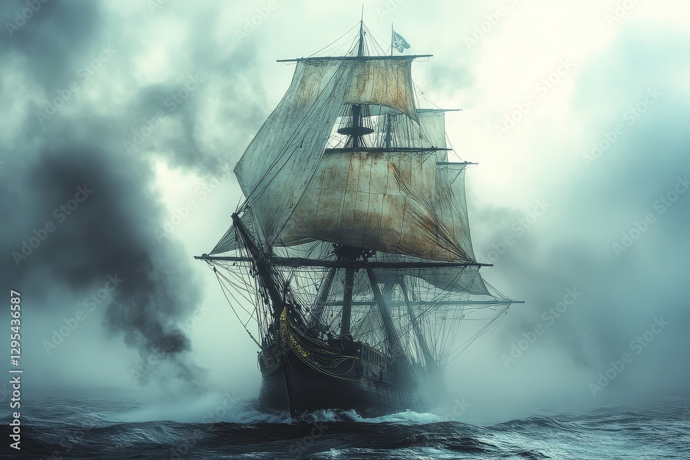Obraz premium Vintage Sepia-Toned Pirate Ship Sailing on the Ocean in Black and White