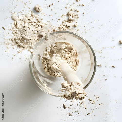 Whey Protein Powder Dynamically Poured into Blender on White Background