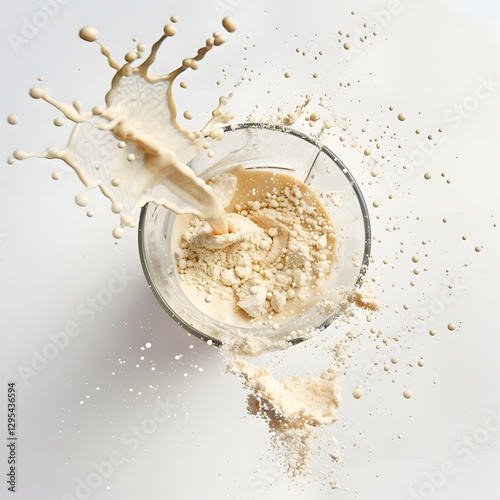 Dynamic Overhead Whey Protein Powder Pouring Into Blender on White Background
