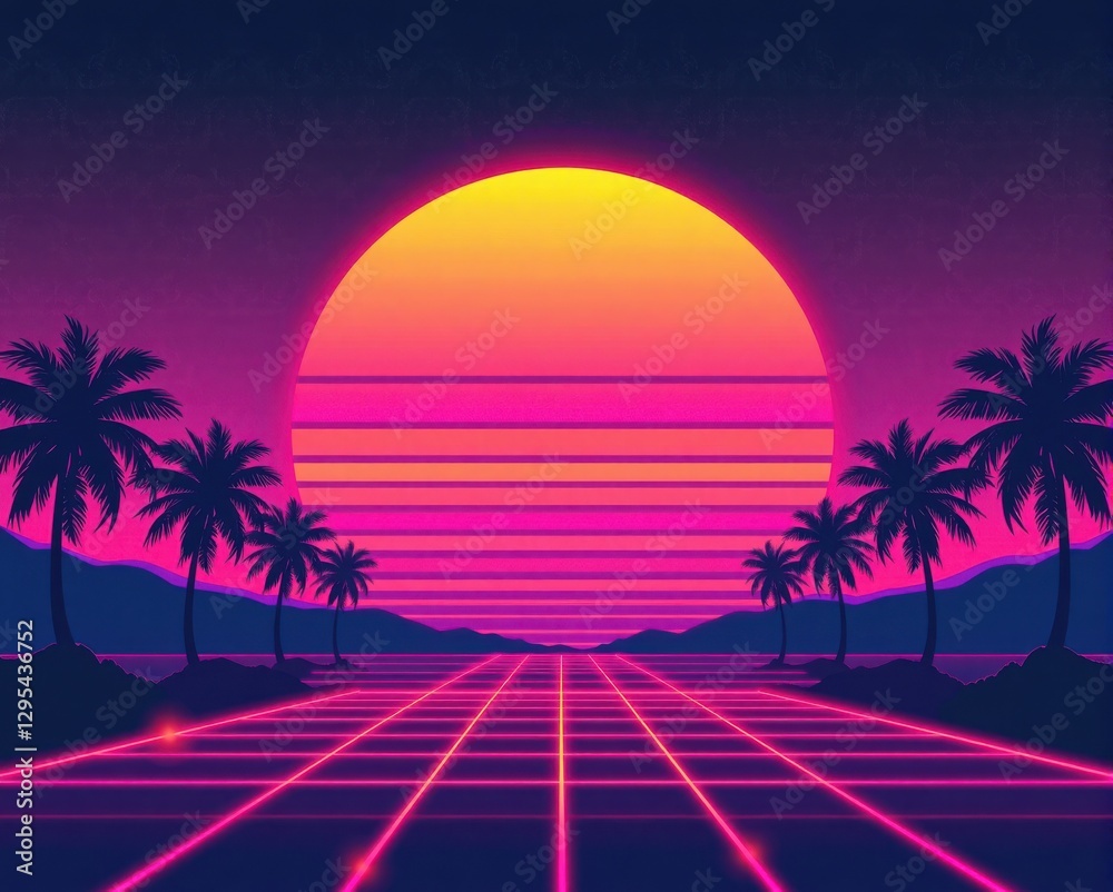 Naklejka premium A vibrant sunset with a purple and orange gradient, surrounded by palm trees and a grid pattern, evoking a retro, synthwave aesthetic.