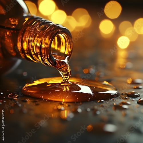 An amber liquid is being poured from a bottle onto a surface, with bokeh lights in the background creating a warm, glowing effect.