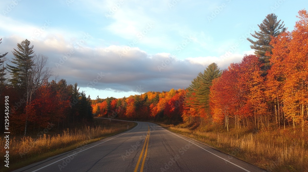 Obraz premium Autumn colors line a road under a cloudy sky