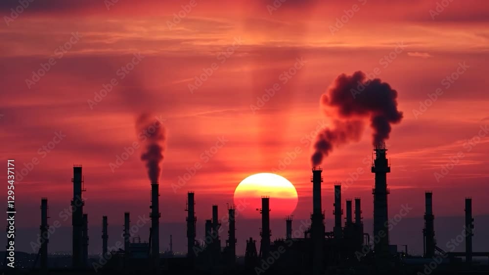 Crimson Sunset Over Industrial Complex: A Stunning Silhouette at Dusk Crimson Sunset Over Industrial Complex: A Stunning Silhouette at Dusk