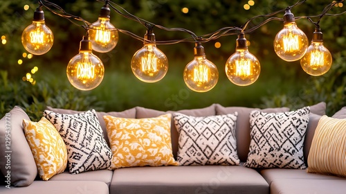 Outdoor patio lights illuminate cozy seating photo