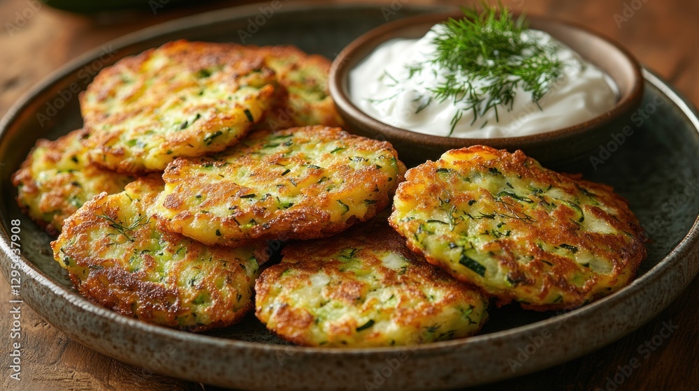 Zucchini fritters with dill dip on plate, rustic wooden table Zucchini fritters with dill dip on plate, rustic wooden table