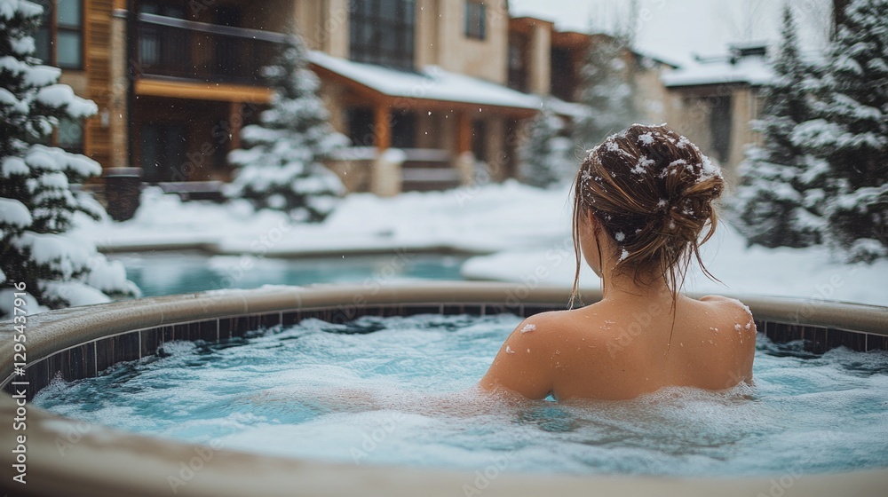 Obraz premium Young woman relaxing in outdoor winter hot tub with snowy scenery
