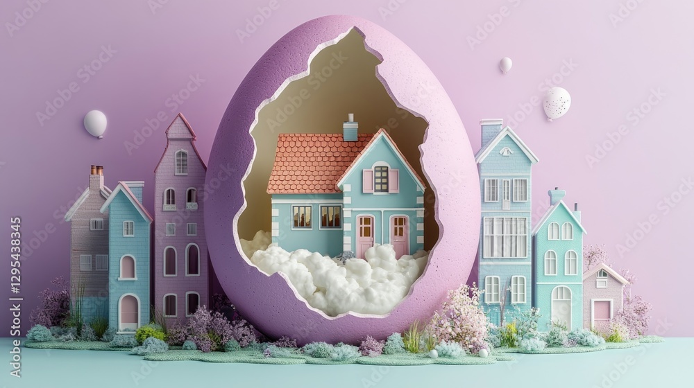 Fototapeta premium Whimsical egg house surrounded by pastel miniature buildings in dreamlike setting. Easter, Pascha, Paskha, Ostern, Pascua, Paques - Orthodox and Catholic Holiday celebration