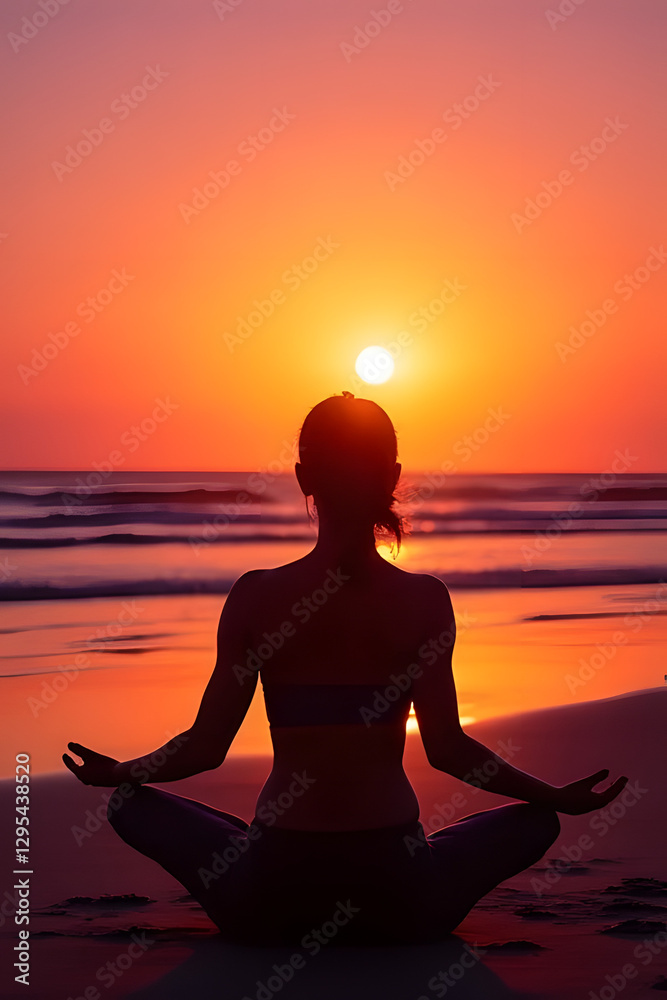 Fototapeta premium Sunset meditation outdoor activities on the beach relaxation content tranquil environment serene viewpoint wellness concept
