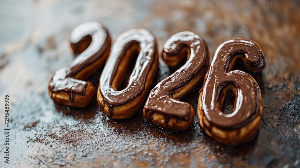 Chocolate covered 2026 number donuts on rustic wooden table. Happy New Year 2026 Chocolate covered 2026 number donuts on rustic wooden table. Happy New Year 2026