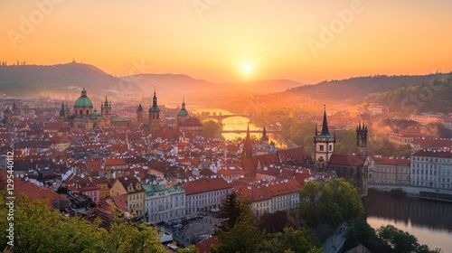 Prague Cityscape at Sunrise Golden Hour View