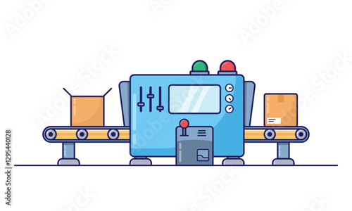 This illustration depicts an automated package processing machine on a conveyor belt.