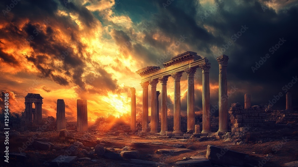 Fototapeta premium Ancient ruins stand silhouetted against a vibrant and cloudy sunset