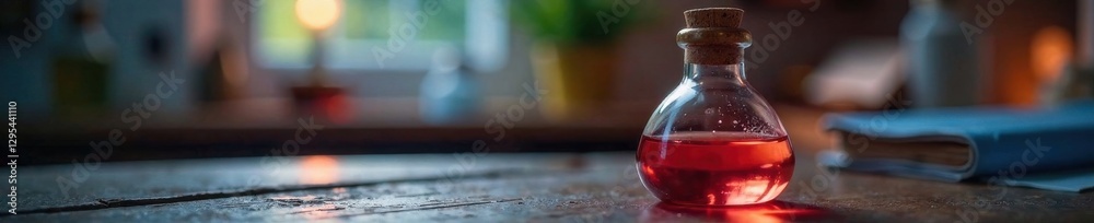 An ampoule on a wooden desk with a blurred background and a faint glow around the edges, mysterious, ampoule, wooden desk An ampoule on a wooden desk with a blurred background and a faint glow around the edges, mysterious, ampoule, wooden desk