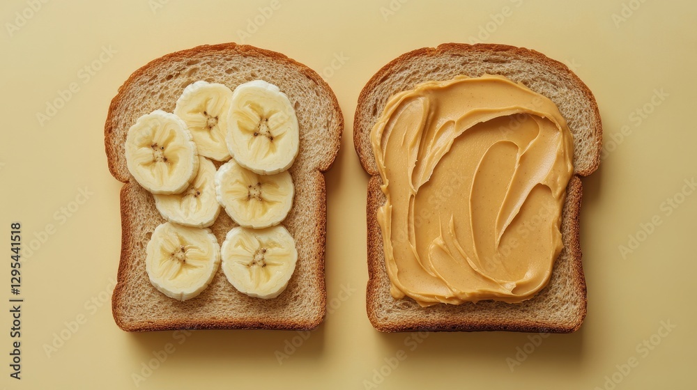 Fototapeta premium Two slices of toast, one with banana, one with peanut butter. Perfect for healthy eating blogs or breakfast recipes.