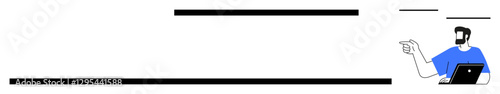 Person with laptop pointing right, black horizontal lines creating dynamic movement. Ideal for business direction, guidance, progress, leadership, strategy planning, innovation, digital