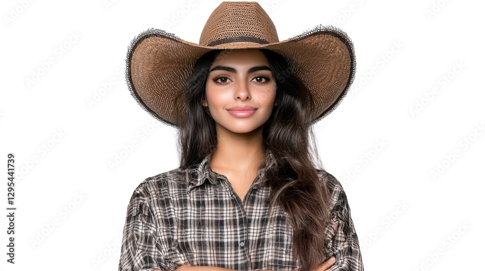 Confident and carefree young woman in a broad brimmed hat stands in a scenic countryside meadow enjoying the serene mountain landscape and blue sky with fluffy clouds Confident and carefree young woman in a broad brimmed hat stands in a scenic countryside meadow enjoying the serene mountain landscape and blue sky with fluffy clouds