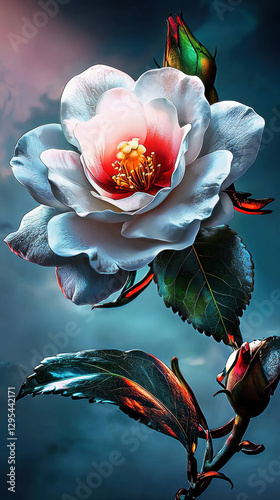 White flower with red center and dew drops on dark green leaves, glowing softly